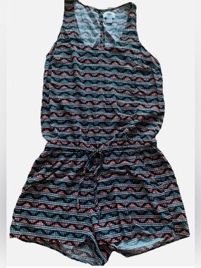 Old Navy Black Sleeveless V-Neck Romper with Coral and Teal Pattern